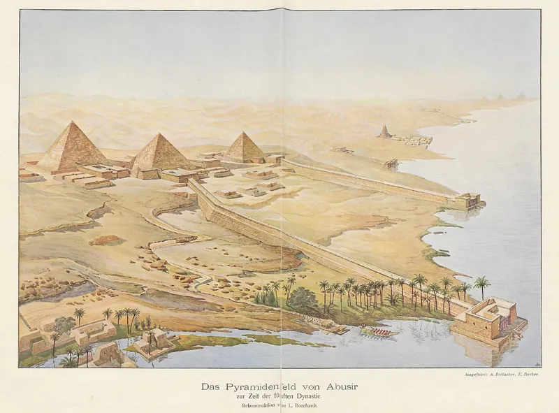”Pyramidfältet i Abusir under femte dynastin”: målad rekonstruktion för Borchardt (1907) med Neferirkares, Niuserres och Sahures pyramider, deras processionsvägar och dalttempel vid sjöstranden.