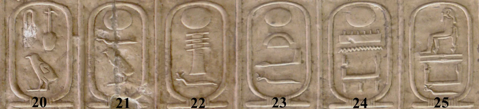 Kungalistan i Abydos i Seti I:s tempel (ca 1290 f.Kr.), kartuscherna 20–25: Snofru, Cheops, Djedefre, Chefren, Mykerinos och Shepseskaf – byggherrarna bakom Meidum, Dahshur, Giza och Abu Rawash på en enda rad.