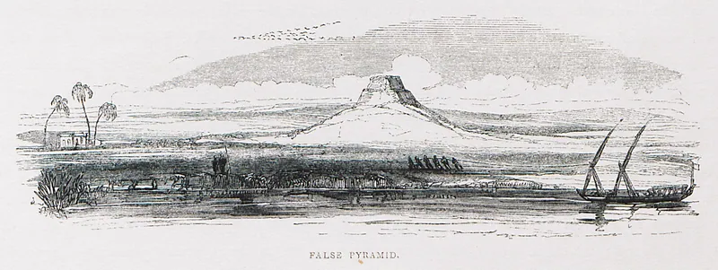 ”False Pyramid” – Meidum så som nilresenärerna kände den, sedd från floden i J. H. Allans Pictorial Tour (1843): den tornlika silhuetten som gav den det arabiska namnet el-Haram el-Kaddab, ”den falska pyramiden”.