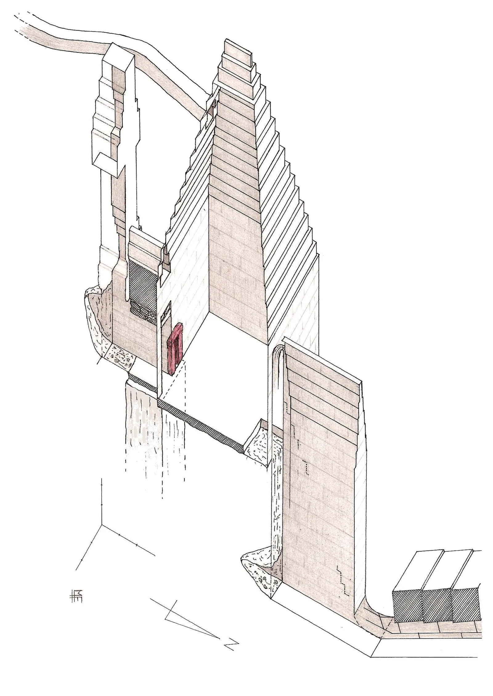 Franck Monniers axonometriska ritning av Knäckta pyramidens nedre system: den norra gången, den höga, smala förkammaren, den nedre kammaren med kraggvalv och ”skorstenen”.