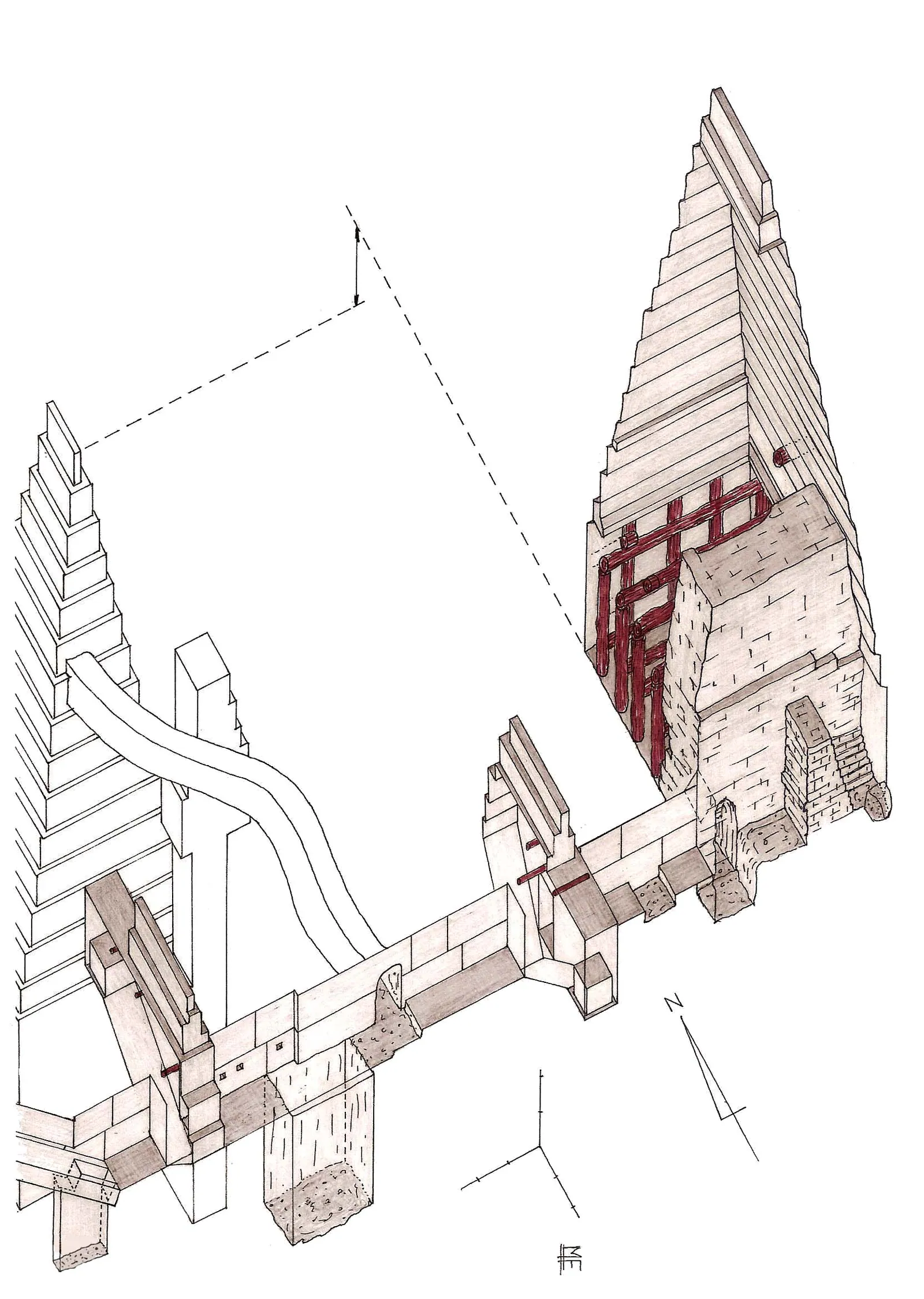 Franck Monniers axonometriska ritning av Knäckta pyramidens övre kammarsystem: den västra gången, den vågräta korridoren med två glidande fällstenar och den övre kammaren med kraggvalv.