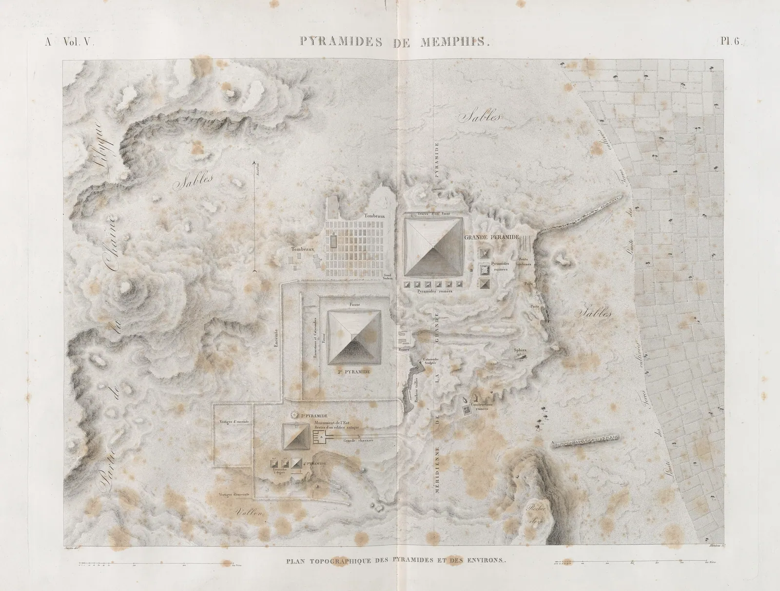 ”Topografisk plan över pyramiderna och omgivningen” (Description de l'Égypte, Antiquités V, pl. 6): den franska uppmätningen av Giza från 1799–1801, graverad för Description.
