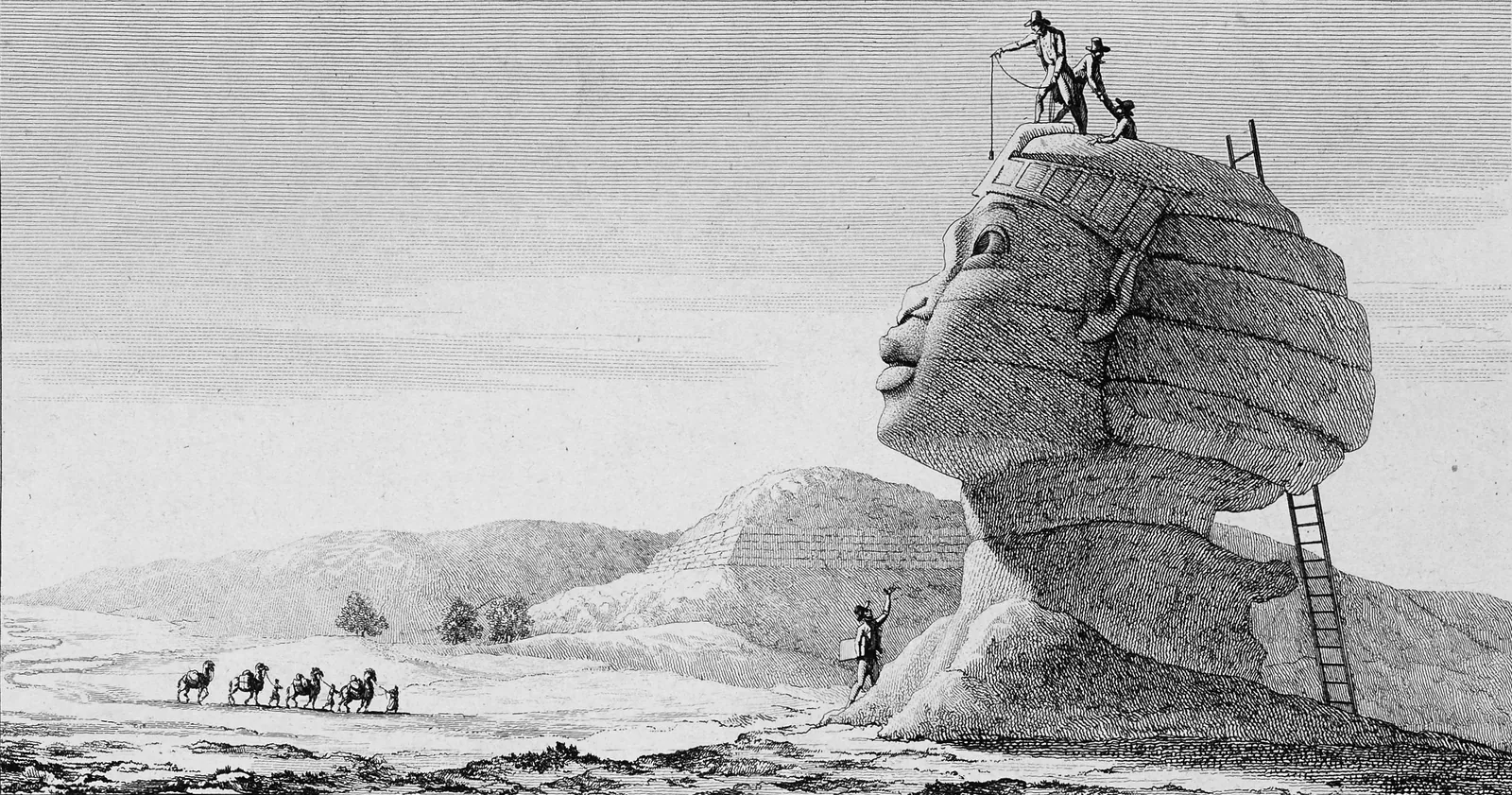 Vivant Denons Sfinx (Voyage dans la Basse et la Haute Égypte, 1802): lärda klättrar på en stege upp på det halvt begravda huvudet för att mäta det. Denons bästsäljare, som kom ut flera år innan den officiella Description började ges ut 1809, gjorde Sfinxen till en europeisk ikon.