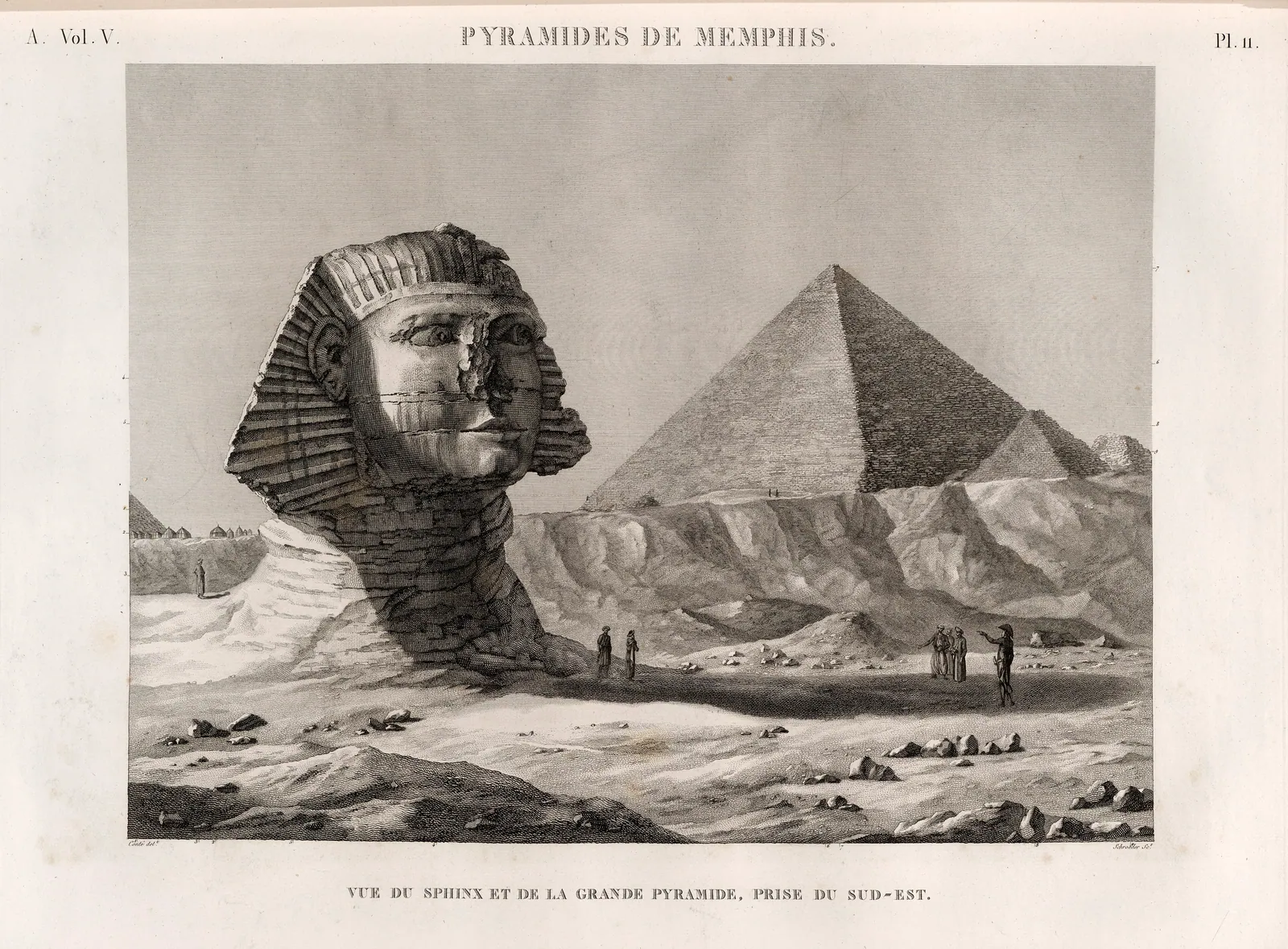 Sfinxen, begravd till axlarna, och Cheopspyramiden från sydöst (Description de l'Égypte, Antiquités). Först 1817 grävde Caviglia fram sfinxens bröst och Drömstelen.