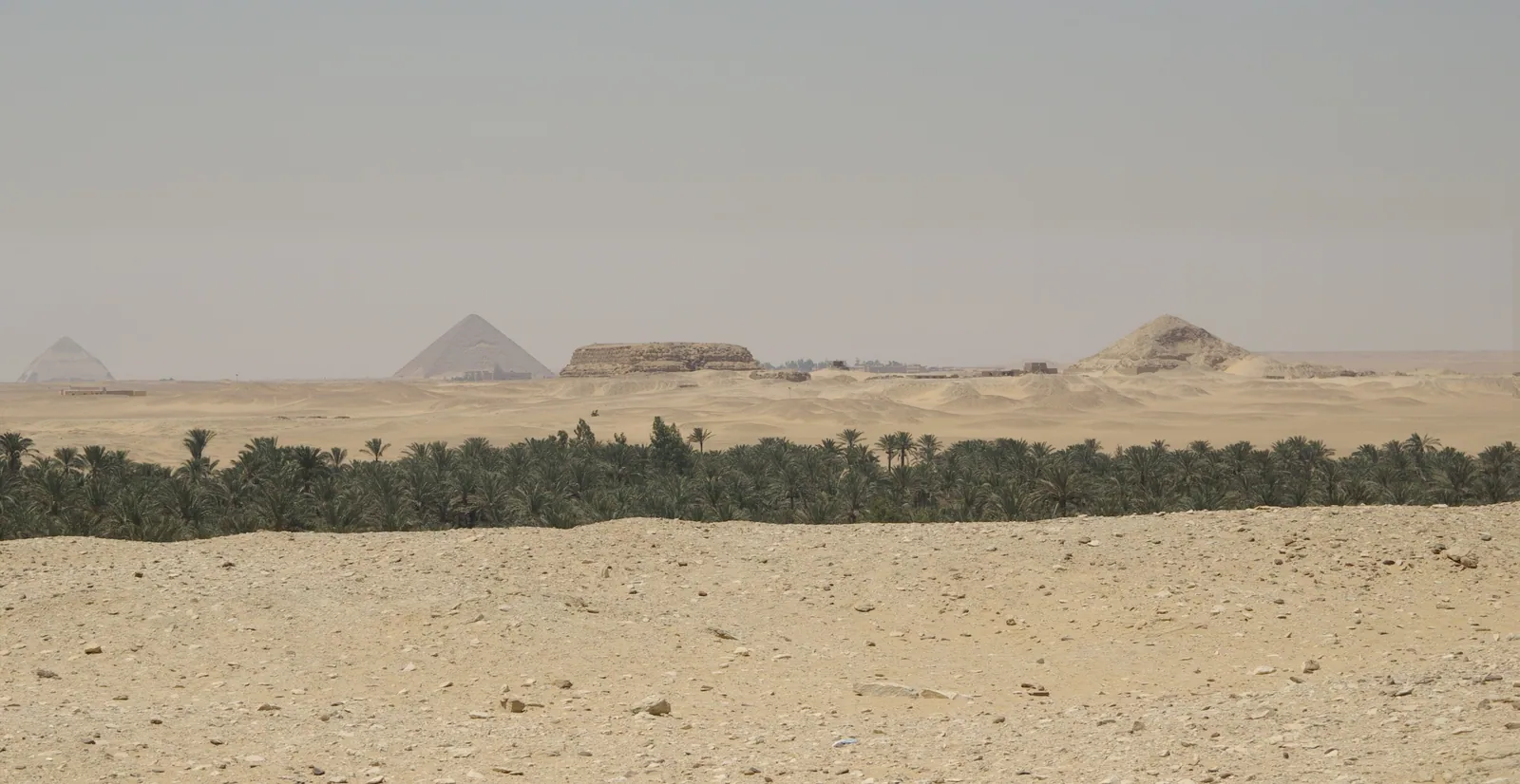 Ökenkanten söder om Saqqara: från vänster Knäckpyramiden och Röda pyramiden i Dahshur, Mastabat Fir'aun och Pepi II:s pyramid i södra Saqqara, sedda över sand och ett bälte av palmer i odlingsmarken. Varje gravfält från Gamla riket som ni besöker ligger på just den här gränsen mellan det röda och det svarta landet.