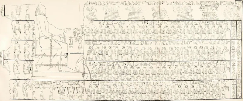 Percy Newberrys linjeteckning (1895) av Djehutihoteps 13 alnar höga koloss av travertin på sin släde: 172 man drar i fyra rep medan en man längst fram häller vatten på sanden. År 2014 visade Daniel Bonns laboratorium i Amsterdam att lagom mycket vatten kan minska dragkraften med upp till 40 %.