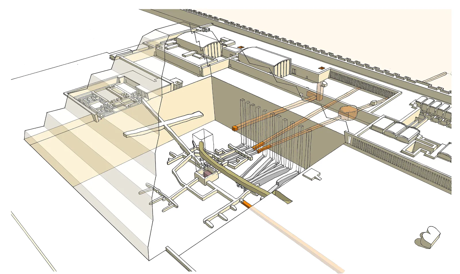 Franck Monniers genomskärning av pyramidens underjordiska del, med galleriet från senperioden (saitisk tid) i grönt – tunneln som dagens södra ingång följer till centralschaktet.