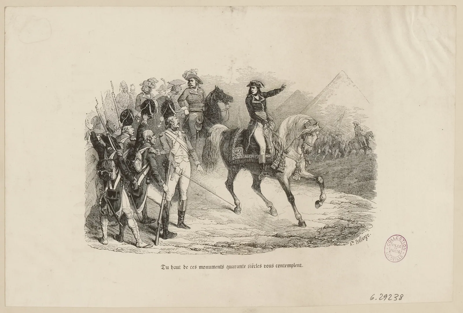 ”Från dessa monuments topp blickar fyrtio sekler ner på er” – Bonaparte talar till armén före slaget vid pyramiderna (21 juli 1798). Gravyr från 1842. Slaget utkämpades i själva verket vid Embaba, omkring 15 km från pyramiderna.