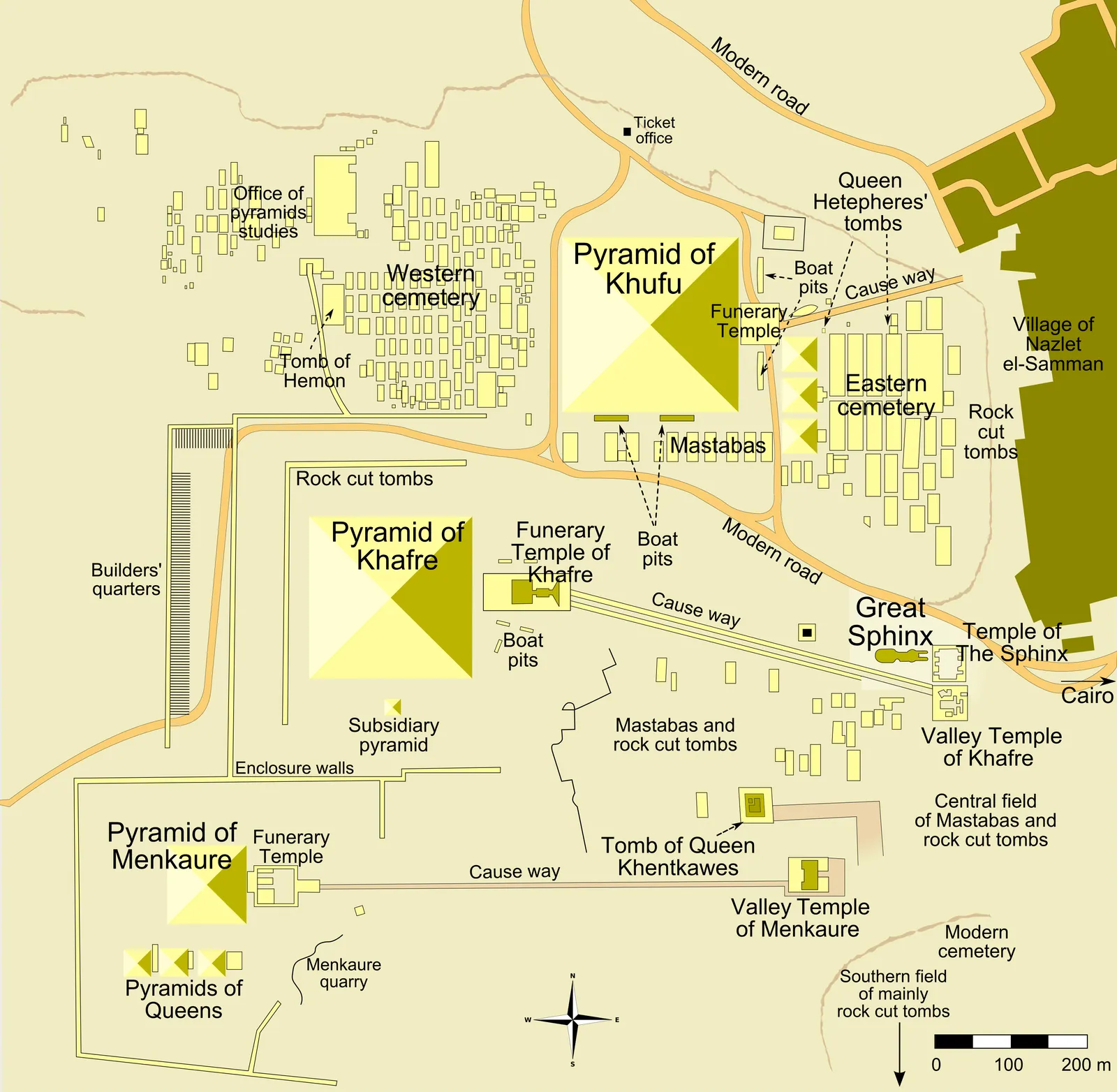 Översiktskarta över nekropolen i Giza: de tre pyramiderna med sina tempel och gångvägar, drottningpyramiderna, båtgroparna, Sfinxen, det östra och det västra mastabafältet samt byggarstaden söder om Kråkmuren.