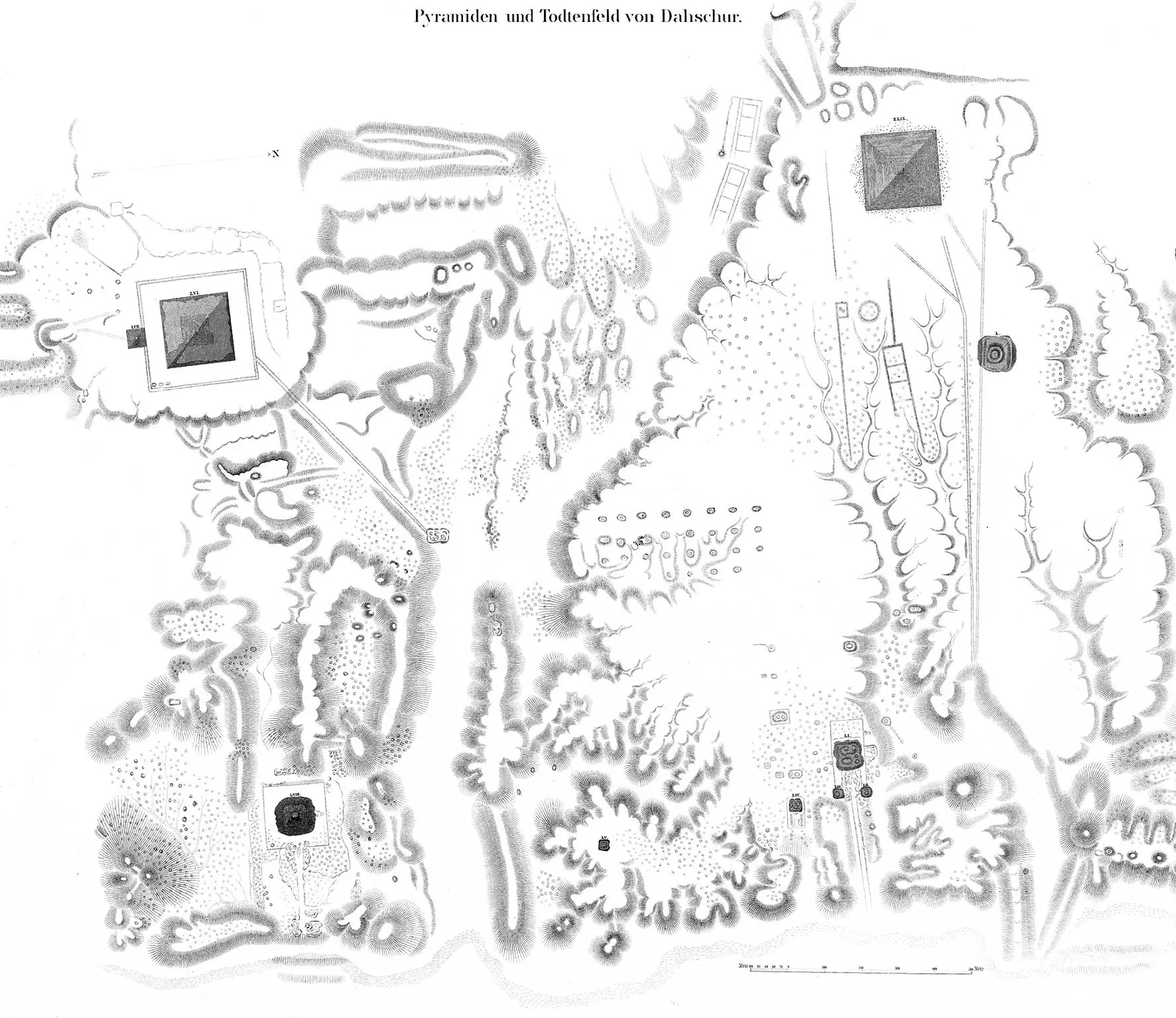 Lepsius karta från 1842 över pyramiderna och gravfältet i Dahshur (”Pyramiden und Todtenfeld von Dahschur”), från den preussiska expeditionen.