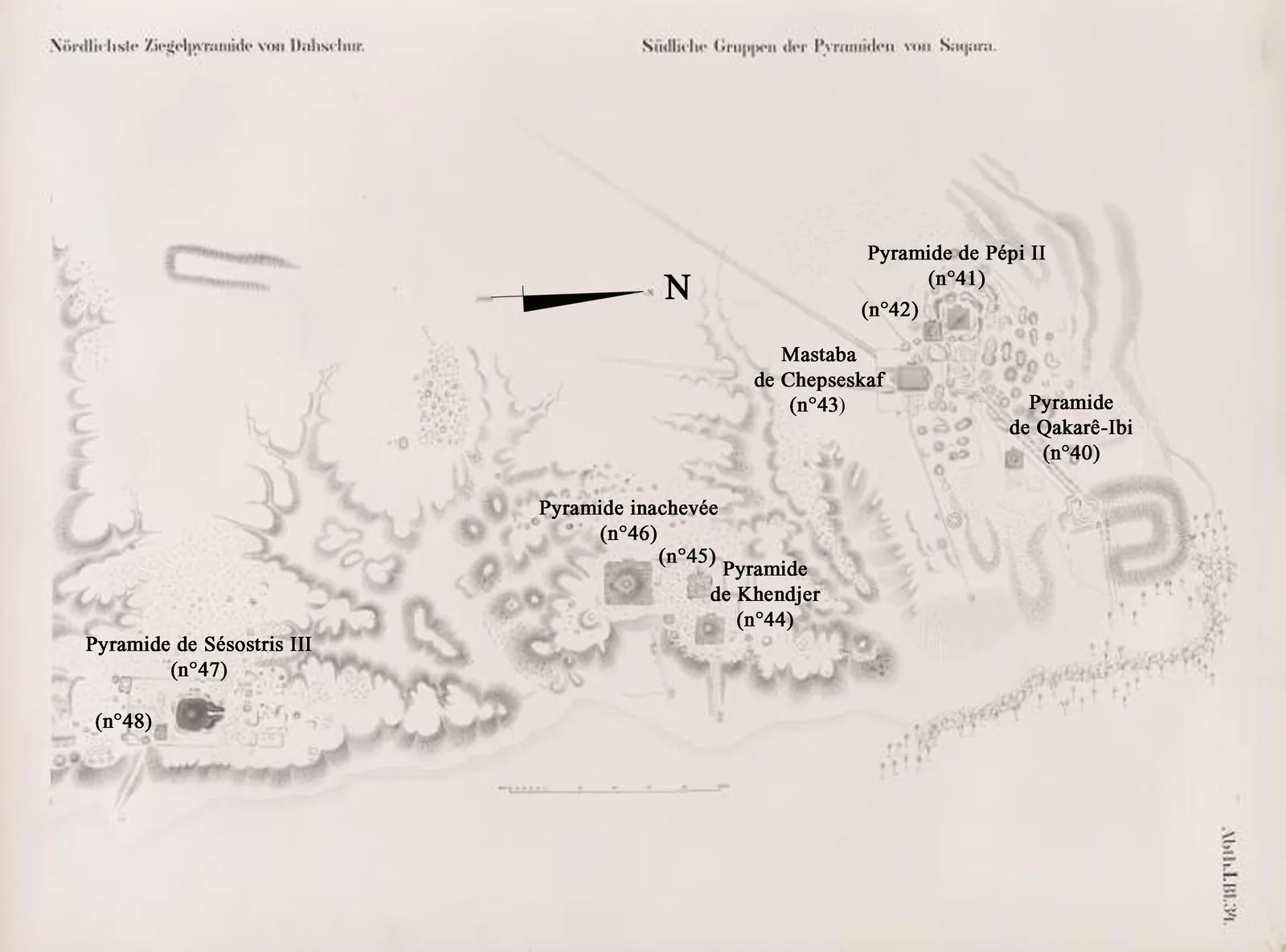 Lepsius karta från 1842 över södra Saqqara och norra Dahshur, med pyramiderna numrerade enligt hans lista (Merenres pyramid är nr XXXIX).