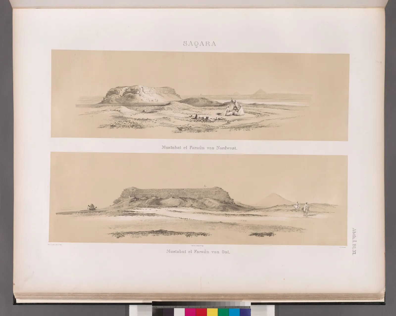 Mastabat el-Fara'un, Shepseskafs (Mykerinos efterträdare) jättelika sarkofagformade grav, sedd från nordväst och öster (avd. I, blad 37). Den ligger vid vägen mellan Saqqara och Dahshur.