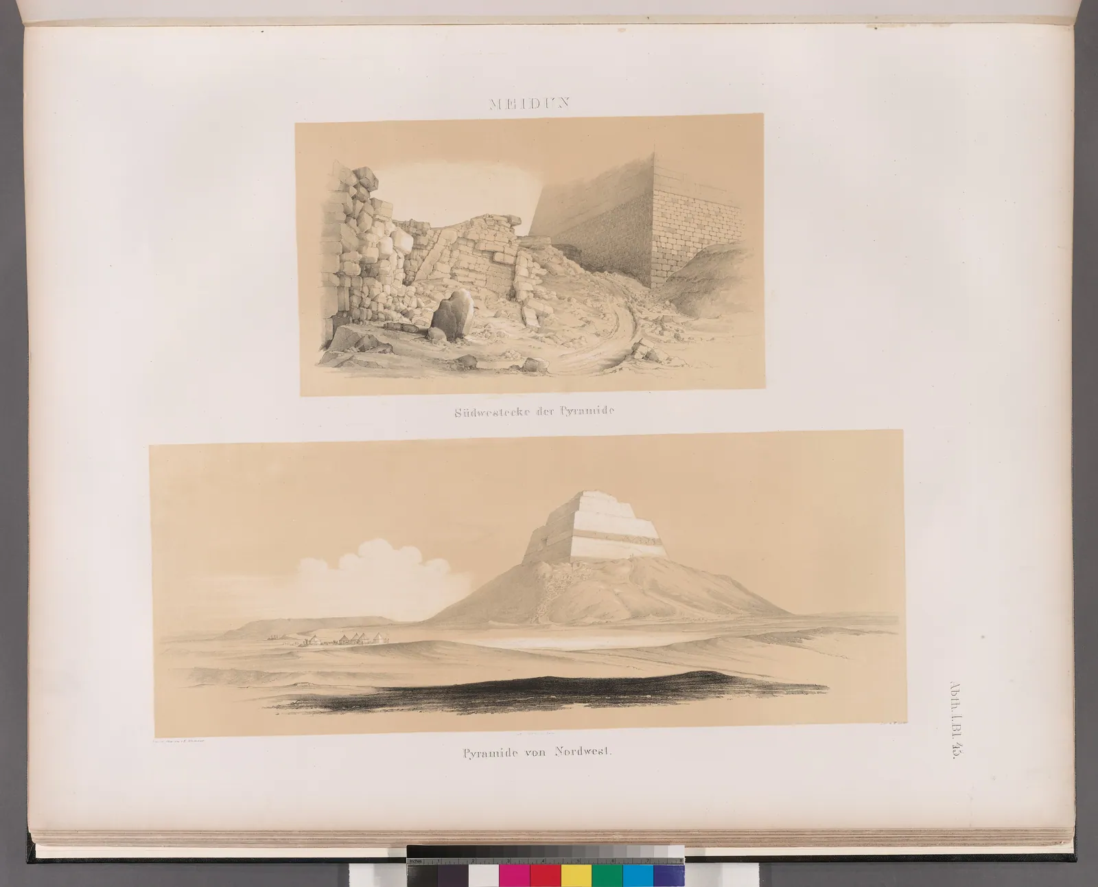 Meidum: pyramidens sydvästra hörn och hela den ”falska pyramiden” från nordväst (avd. I, blad 45). Det var här 1843 som Lepsius tolkade tornets trappstegsskal som lager som lagts till år för år – hans berömda ”tillväxtteori”.