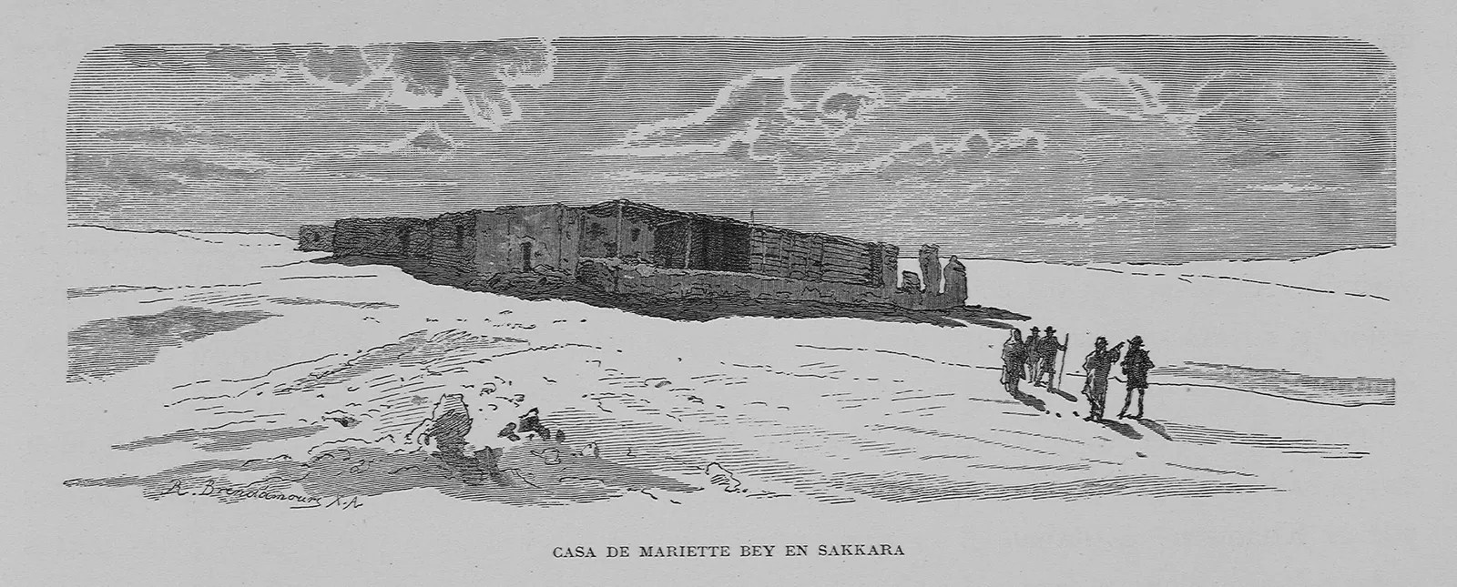 ”Mariette Beys hus i Saqqara” – xylografi ur den spanska utgåvan av Georg Ebers illustrerade Egypten (ca 1882): ökenhuset som Mariette använde när han grävde ut Serapeum från 1850 och framåt.