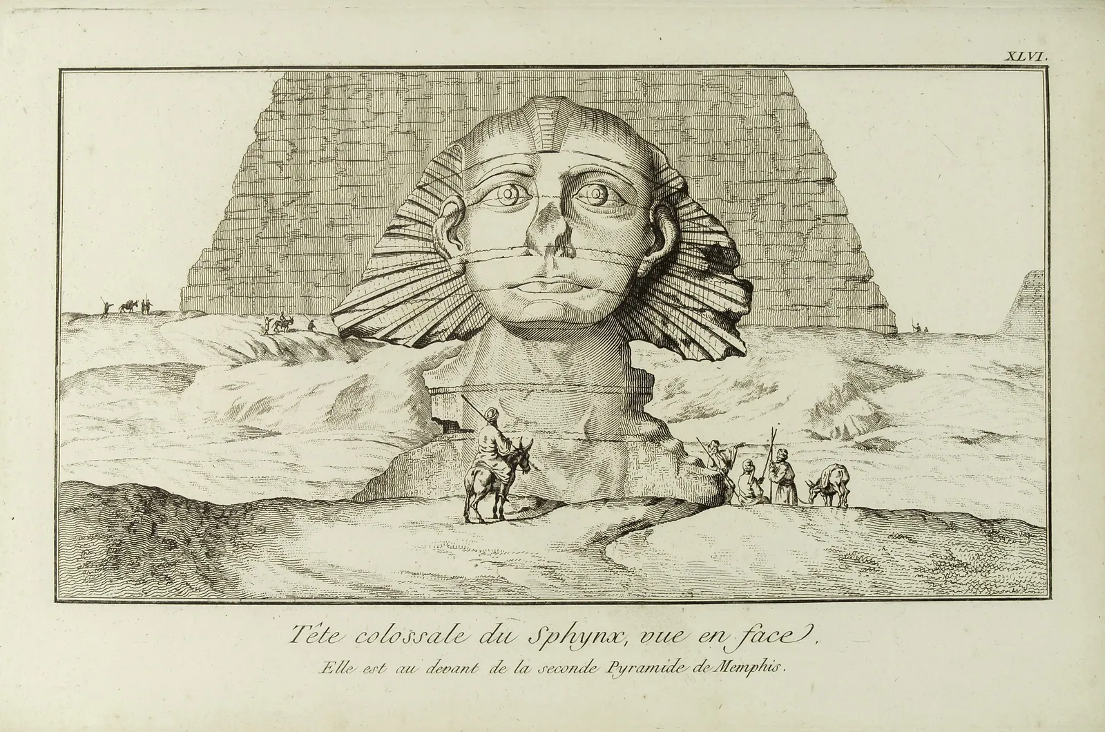 Frederik Ludvig Nordens sfinx, tecknad 1737–38 och publicerad 1755: näsan saknas redan, flera decennier innan Napoleons soldater kom – det avgörande bildbeviset mot legenden om kanonkulan. Norden var dansk sjöofficer, utsänd av Kristian VI.