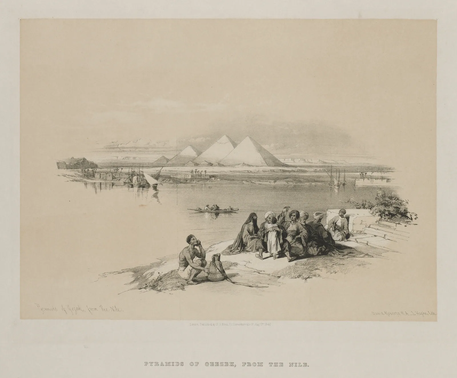 ”Pyramids of Geezeh, from the Nile”: Louis Haghes litografi efter David Roberts i Egypt and Nubia, band I (1846; Cleveland Museum of Art, CC0). Sett från floden står pyramiderna där grönskan tar slut och öknen tar vid.