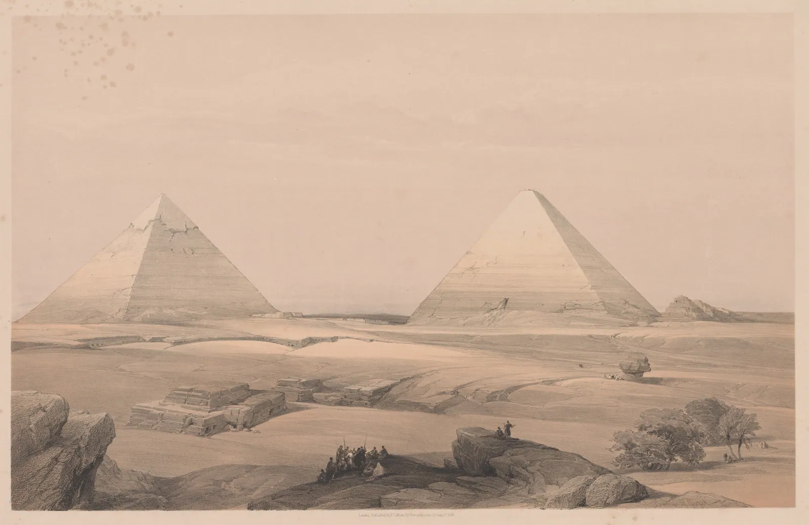 ”Pyramids of Gizeh” – Haghe efter Roberts (Egypt and Nubia, band I, nr 3): pyramiderna över en tom slätt i blekt morgonljus, så som de flesta 1800-talsbesökare först närmade sig dem.