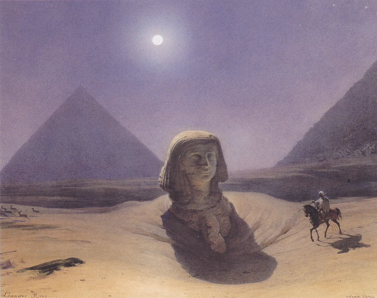 Leander Russ, ”Vid pyramiderna” (1842): Sfinxens huvud reser sig ur sanden under fullmånen medan en ensam ryttare passerar – samma år som Lepsius slog läger i Giza.