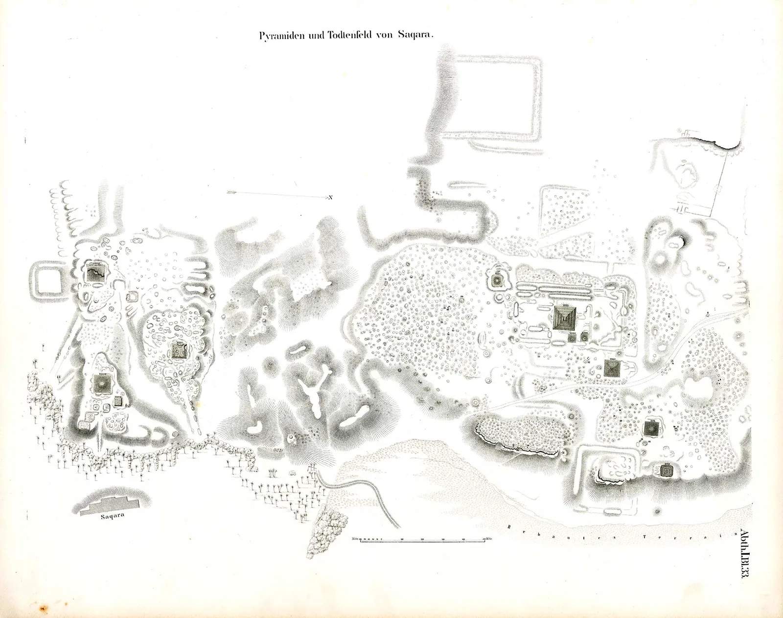 'Pyramiden und Todtenfeld von Saqara' – Lepsius karta över Saqqaras nekropol från 1840-talet (Denkmäler avd. I, blad 33). Djosers inhägnad är den stora muromgärdade rektangeln kring trappstegspyramiden.