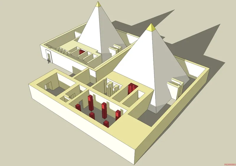 Förslag till rekonstruktion av pyramiderna för Tetis drottningar Khuit II och Iput I, nordost om hans pyramid. Iputs grav började som en mastaba och byggdes om till pyramid.