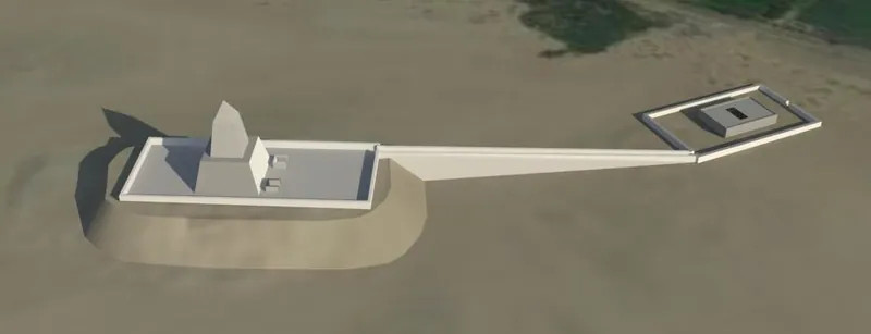 En modern 3D-rendering av Userkafs soltempel i dess senare obeliskfas. Se den som en hypotes: i sin första fas hade templet troligen en mastabaliknande bas med en stång, inte en obelisk.